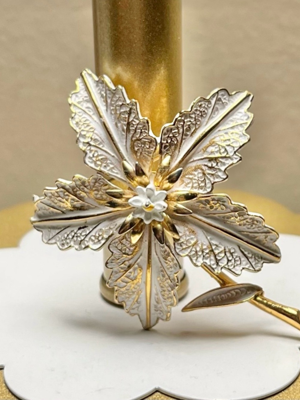 Vintage Arthur Pepper Enamel Flower Brooch Gold Tone White